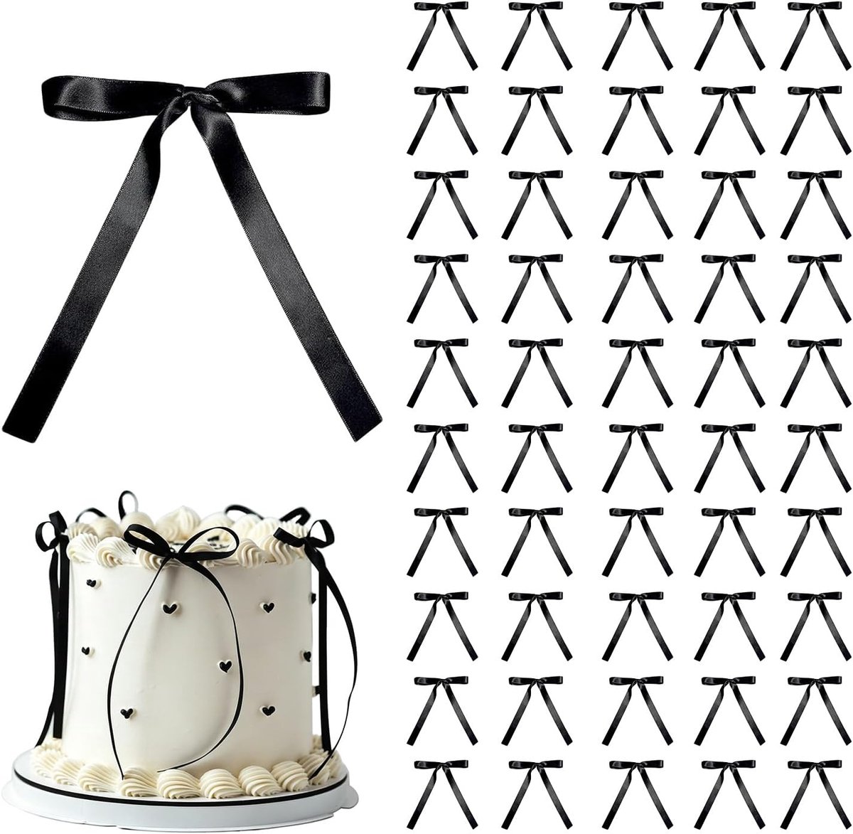 50 stuks zwarte strik taarttopper, strik linten, coquette thema strik cupcake dessert decoraties voor ballonnen, verjaardag, bruiloft, jubileum, vrijgezellenfeest benodigdheden
