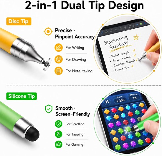 Styluspennen voor aanraakschermen, universele 2-in-1 styluspen voor iPad, compatibel met iPhone, iPad, Android, Microsoft-tablets, telefoons, oppervlak, [5 stuks] - Blauw, Groen, Roze, Paars — afbeelding 5