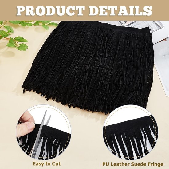2,18 Yards Suede Fringe Trim Zwart Dubbelzijdig Lederen Kwastje Western Fringe Trim Cowboy 31 cm Breed Naaien Franje Trim voor Ambachten DIY Naaien Jurk Ambachten Rok Decoratie — afbeelding 3