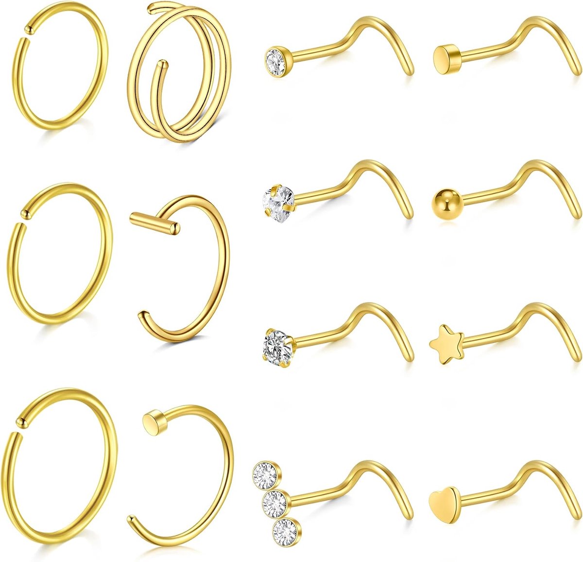 20G 14 stks L Vorm Goud Zilver Neus Studs Schroeven Ringen voor Vrouwen Mannen, 0.8mm Rvs met Zirkoon Neus Ringen Clicker Set Septum Hoop Oorbellen Kraakbeen Piercing Sieraden