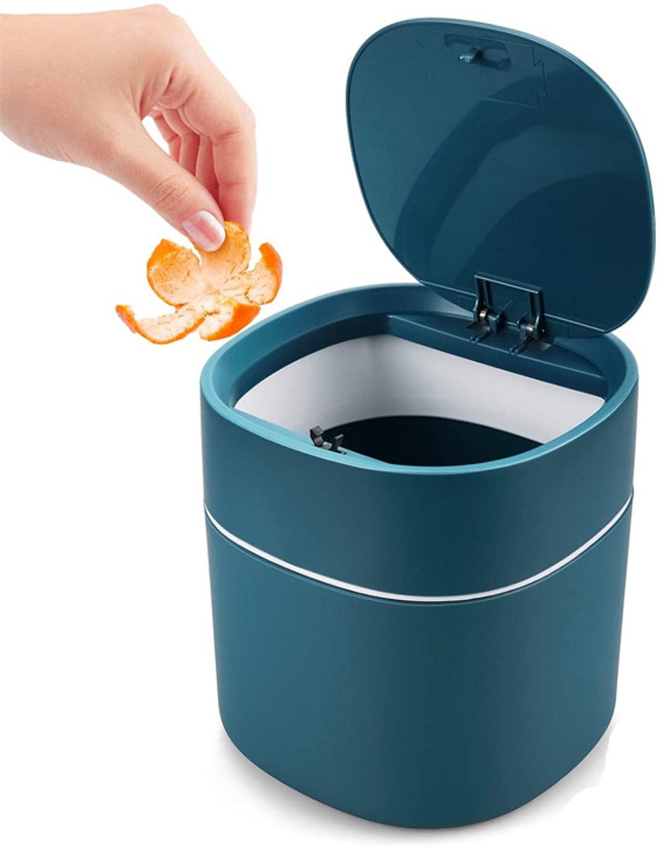 Mini prullenbak voor op het bureau - Inhoud ca. 2 liter - Prullenbak met klapdeksel - Bureauprullenbak - Afgeronde randen - Voorzien van een klapdeksel met één druk op de knop - Ontworpen voor bureaus en aanrechtbladen - 14*13*13 cm - Blauw