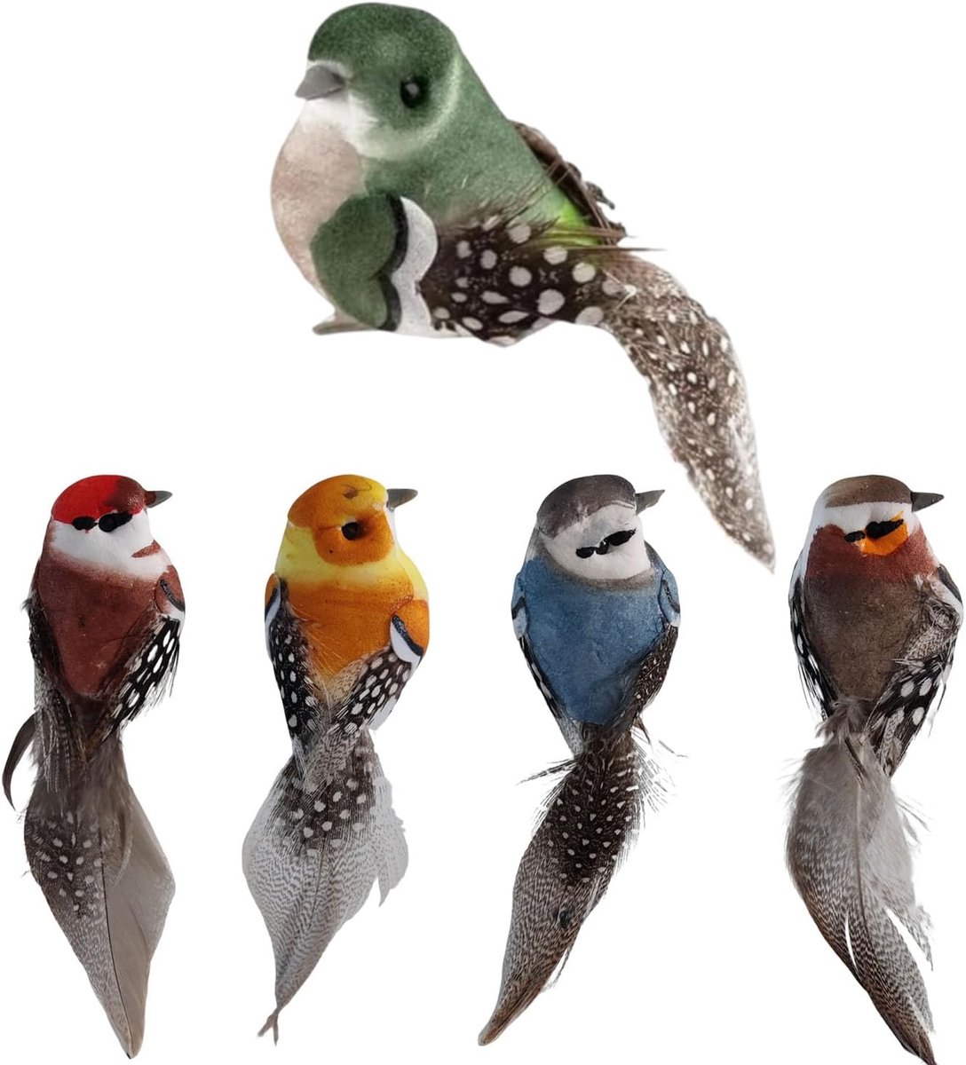 5 stuks mini-vogels, decoratiefiguur, geschikt voor kunstvogels, mini-kunstvogels met clip, decoratieve vogels met veren voor miniatuur-tuindecoratie, bruiloftsdecoratie, tak, feestdecoratie