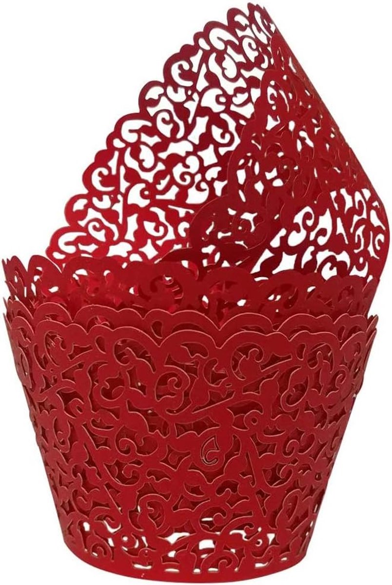 Wikkels 50st/Pakket Kant Cupcake Liners Laser Gesneden Cupcake Papieren Cupcake Muffin Cups voor Bruiloft/Verjaardagsfeest Decoratie (Rood)