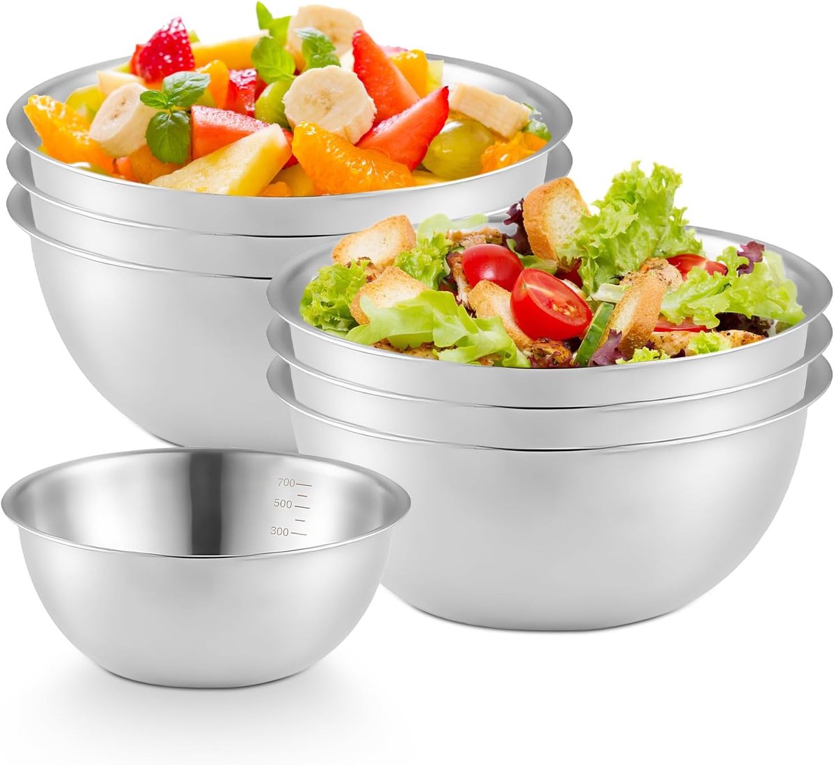 6 stuks 17 cm roestvrijstalen kommenset, ronde vorm, stapelbaar, mat oppervlak, metalen kom, hoogwaardige roestvrijstalen kom voor salade, snacks, dips, meer