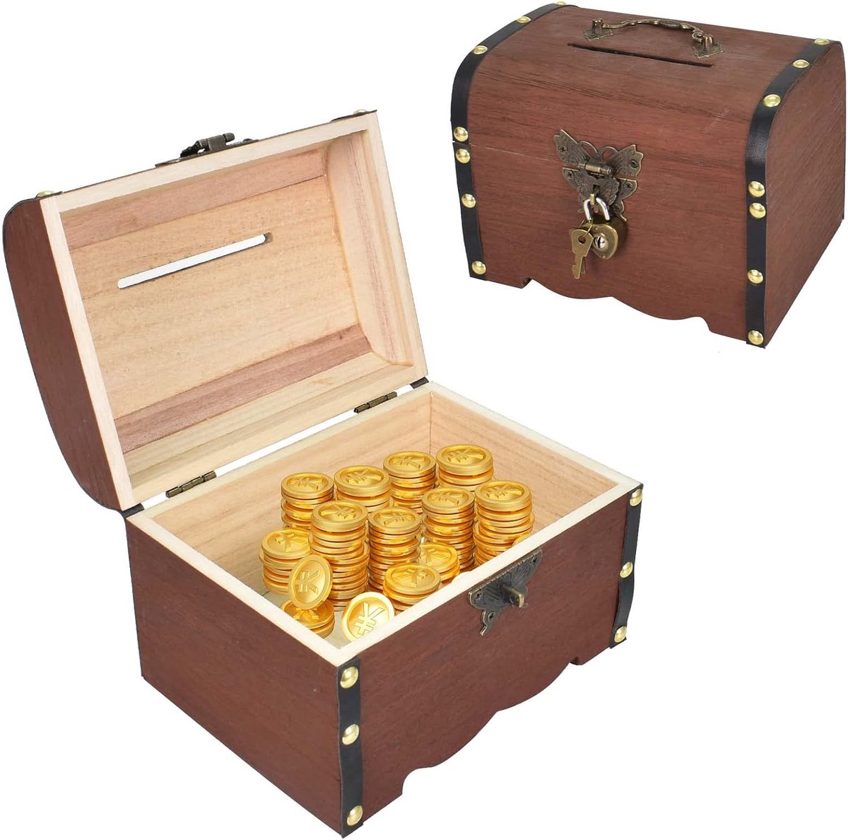 schatkist, vintage houten spaarpot met slot en sleutels, decoratieve muntendoos voor thuis