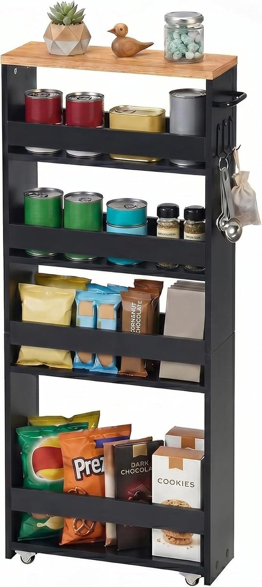 Rolwagen, 5 niveaus, keukenwagen, smal, nisrek op wielen, staal, handgreep, voor kleine ruimtes, 40 x 15 x 100 cm, keuken, badkamer, woonkamer, werkkamer, zwart + eikenkleuren