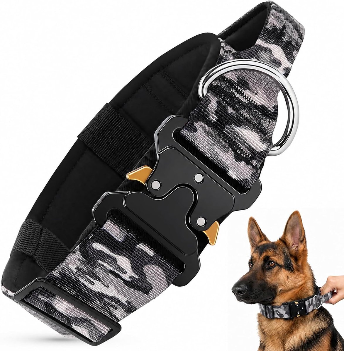 tactische halsband voor grote middelgrote honden, militaire halsband verstelbaar, gevoerd, met handvat en metalen gesp, voor wandelen en training (grijs camouflage, XL)