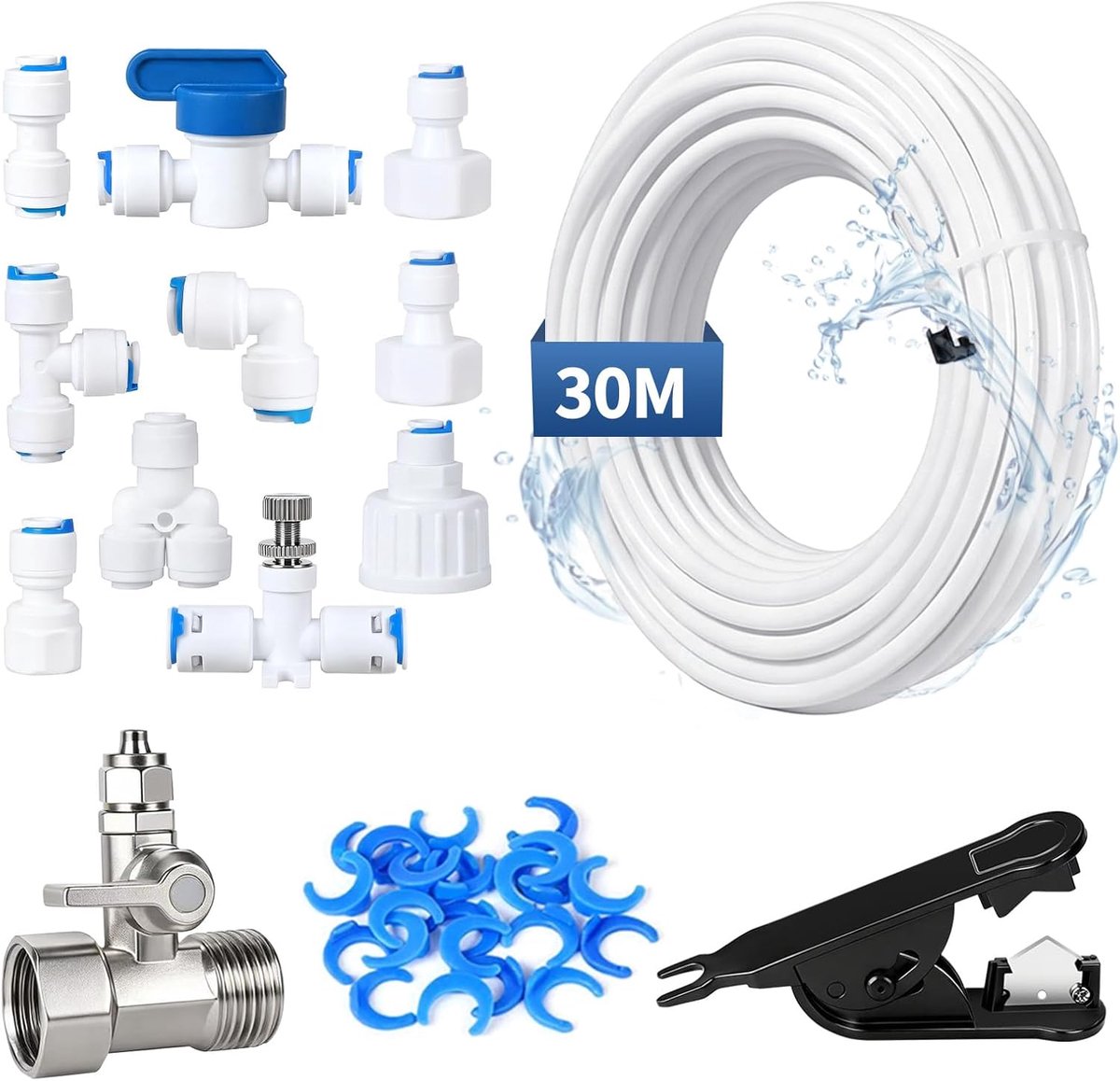 30 m set watertoevoerslang, universeel, 1/4 inch + 12 stuks aansluitingen voor waterfilter, snelkoppelingen, wateraansluitset voor koelkast, waterreiniger, omgekeerde osmose
