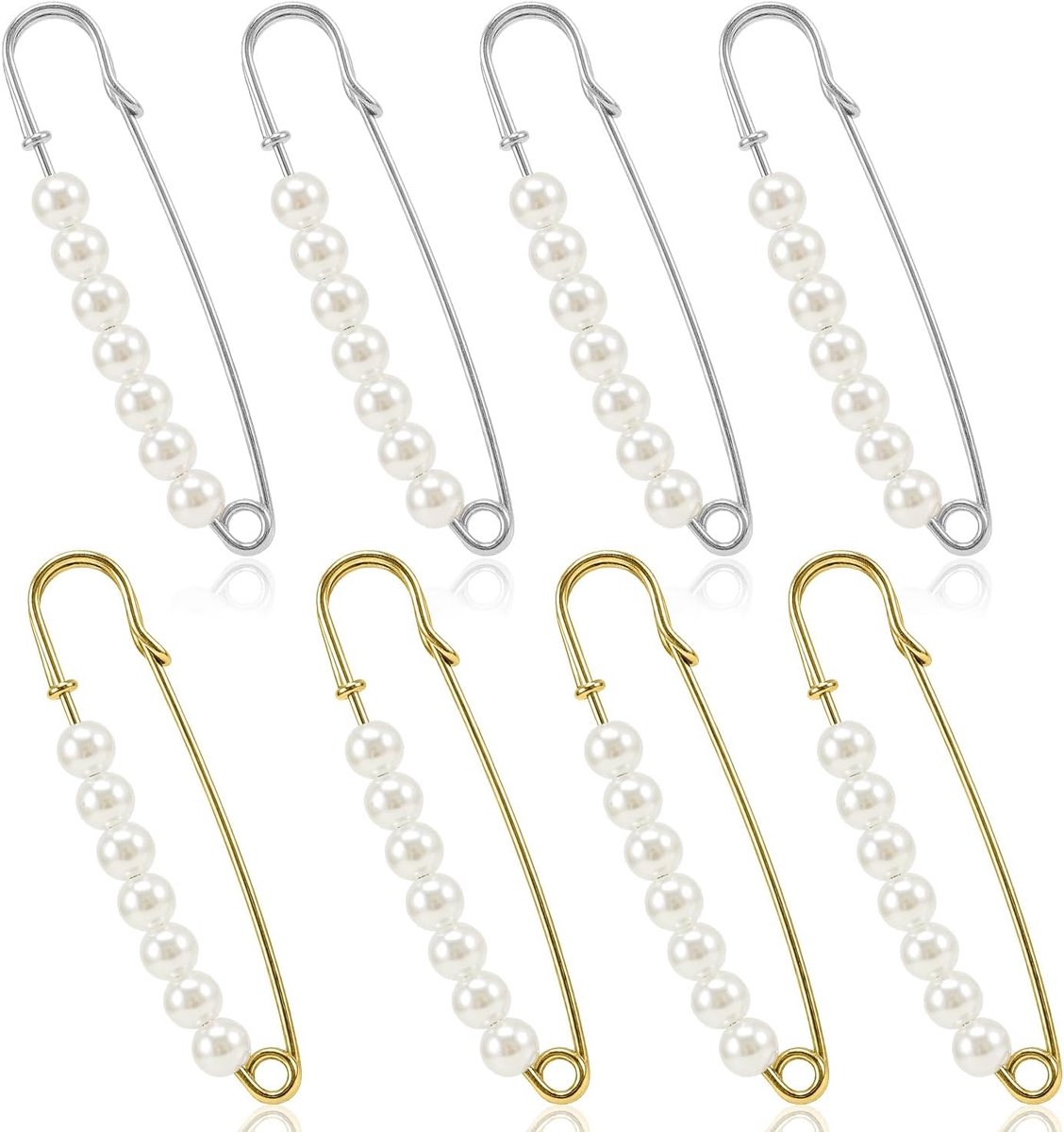 8 Stuks Grote Veiligheidsspelden, Goud en Zilveren Brochespelden met Faux Parel voor Kleding, Blouses, Broeken en Sjaals