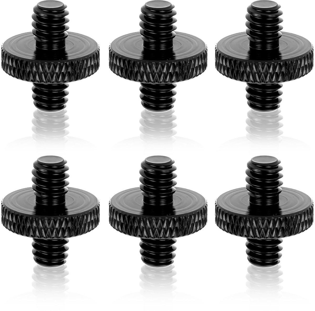 6 stuks schroefdraadadapter met 1/4 inch buitendraad naar 1/4 inch buitendraad, dubbele schroef van aluminiumlegering, gekarteld oppervlak voor camerakooi, lampstatief en schouderstatief, zwart
