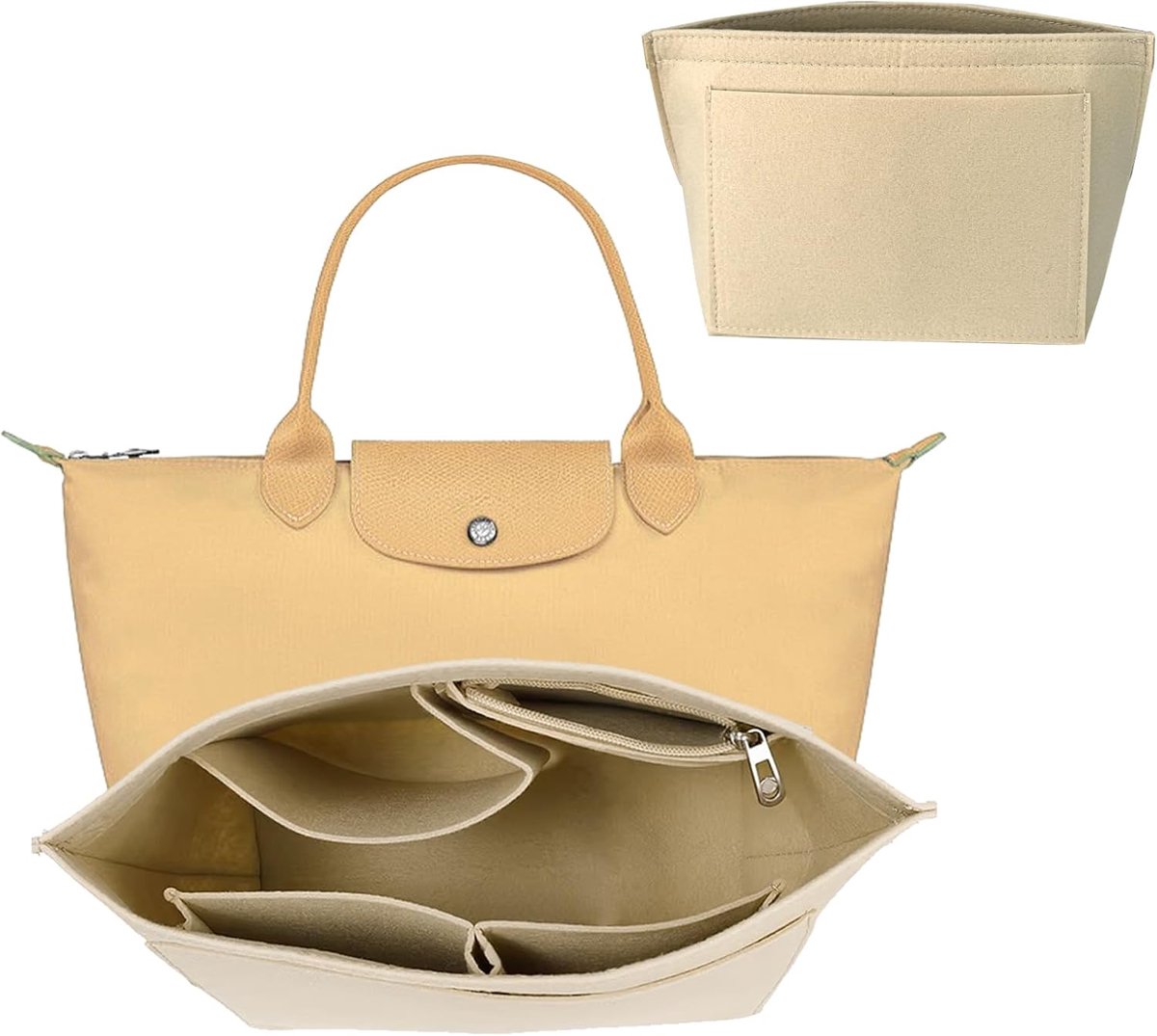 Opvouwbare Tasorganizer voor Longchamp, Met Meerdere Vakken van Vilt (Beige, L)