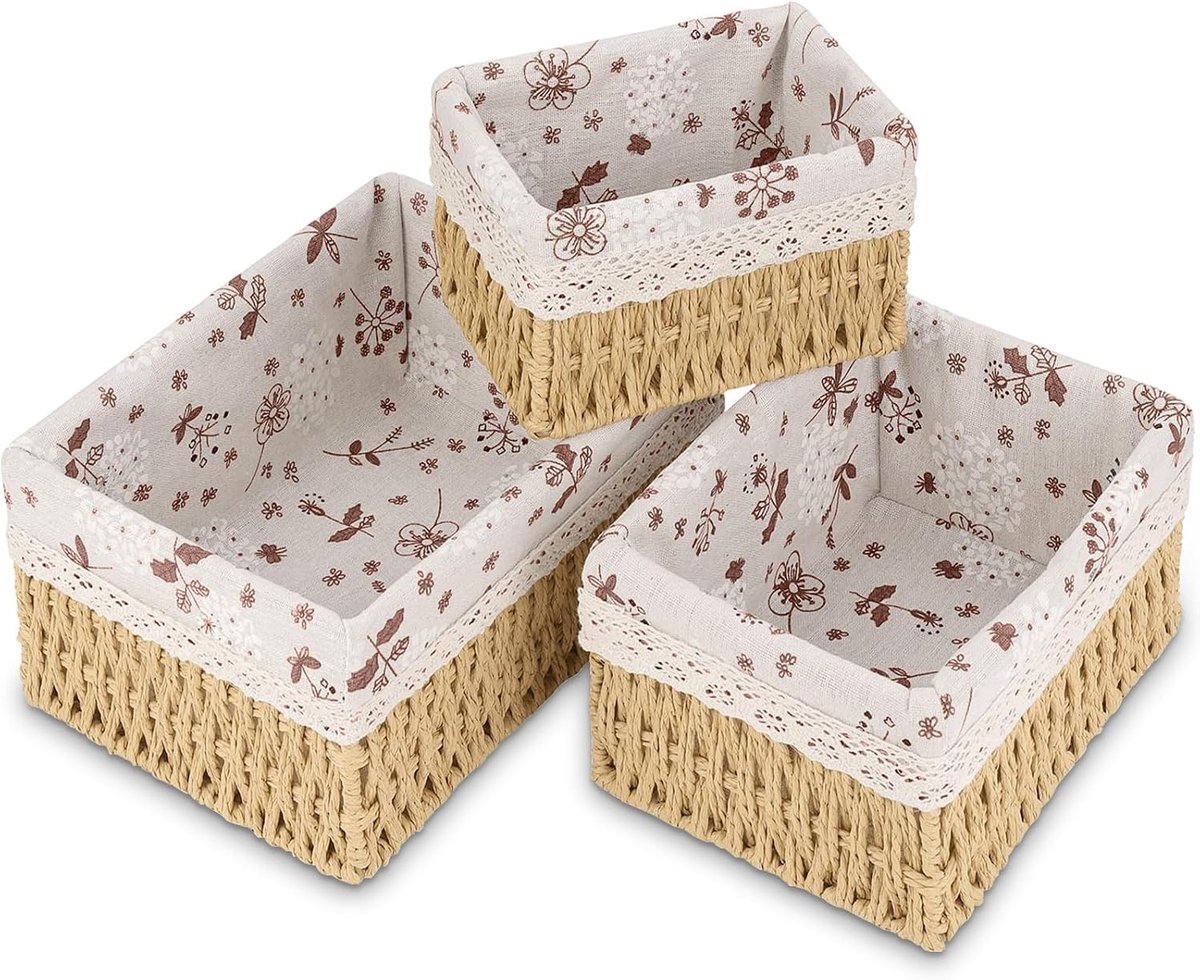 3-delige set Gevlochten Opbergmanden, Opbergmanden van Gevlochten Papieren Touw, Speelgoedopbergmand, met Afneembare Binnenvoering, voor Thuis, Kantoor, Badkamer en Slaapkamer (Beige, L+M+S)