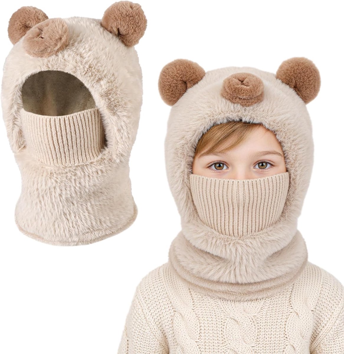 winterbivakmuts voor kinderen van 4-12 jaar, multifunctionele muts gevoerd met fleece, warm, winddicht, skimasker, capuchon, halswarmer, sjaal voor kinderen, jongens en meisjes