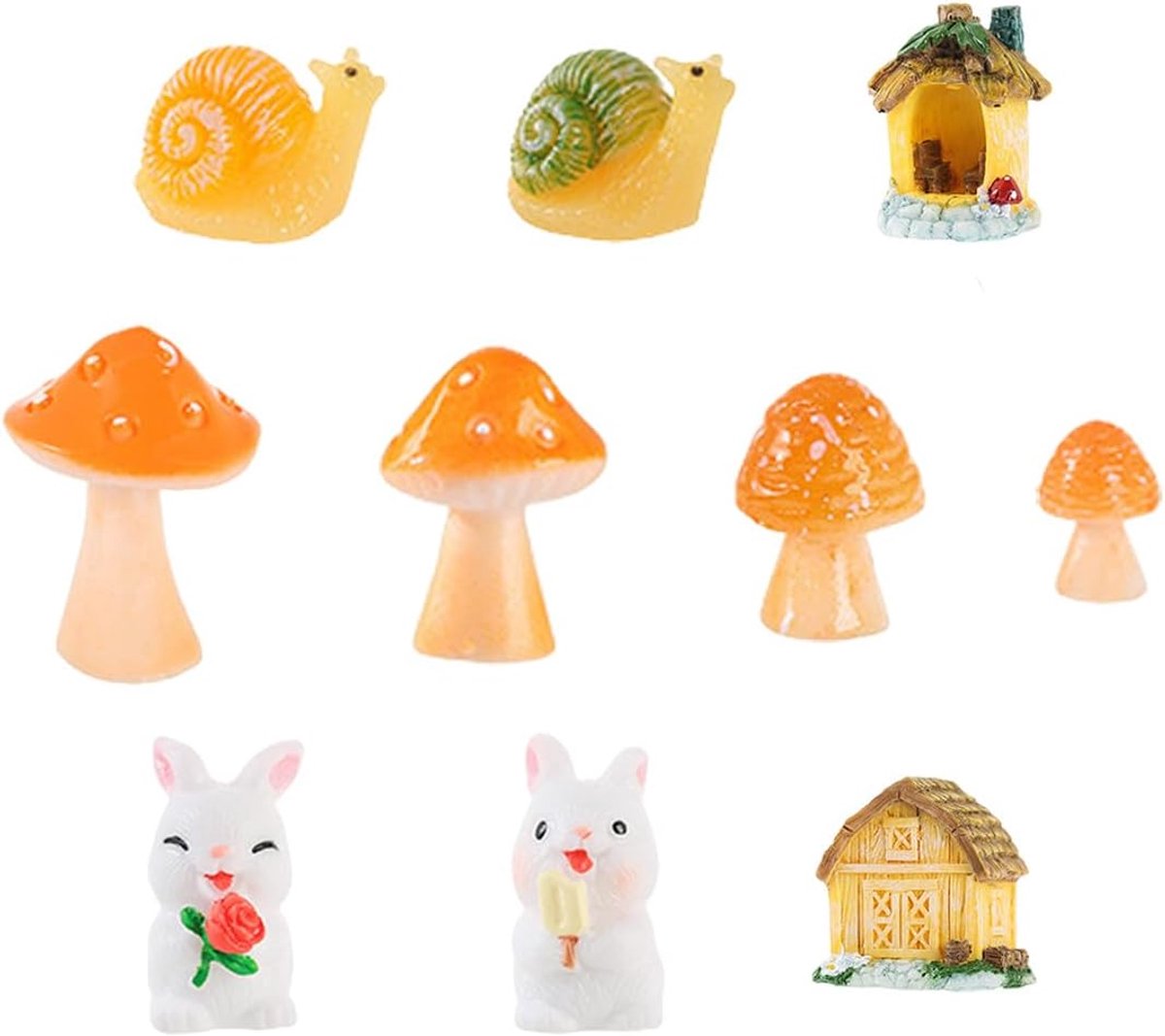 10 Stuks Miniaturen Poppenhuis - Bosdecoratieset met Konijntjes, Paddestoelen & Slakken - Schattig Microlandschap voor Bureaustaferelen, Terraria & Tuindecoraties
