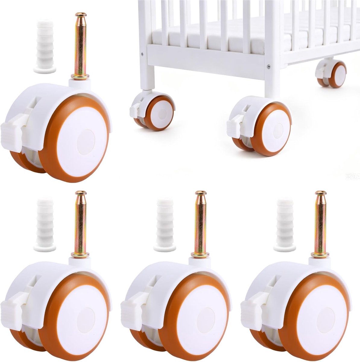 Set van 4 wielen voor kinderbed en meubels, stil, draaibare rubberen wielen met rem en tapbevestiging, universeel voor kinderbedden, kinderwagens, kasten en stoelen, inclusief montagepluggen