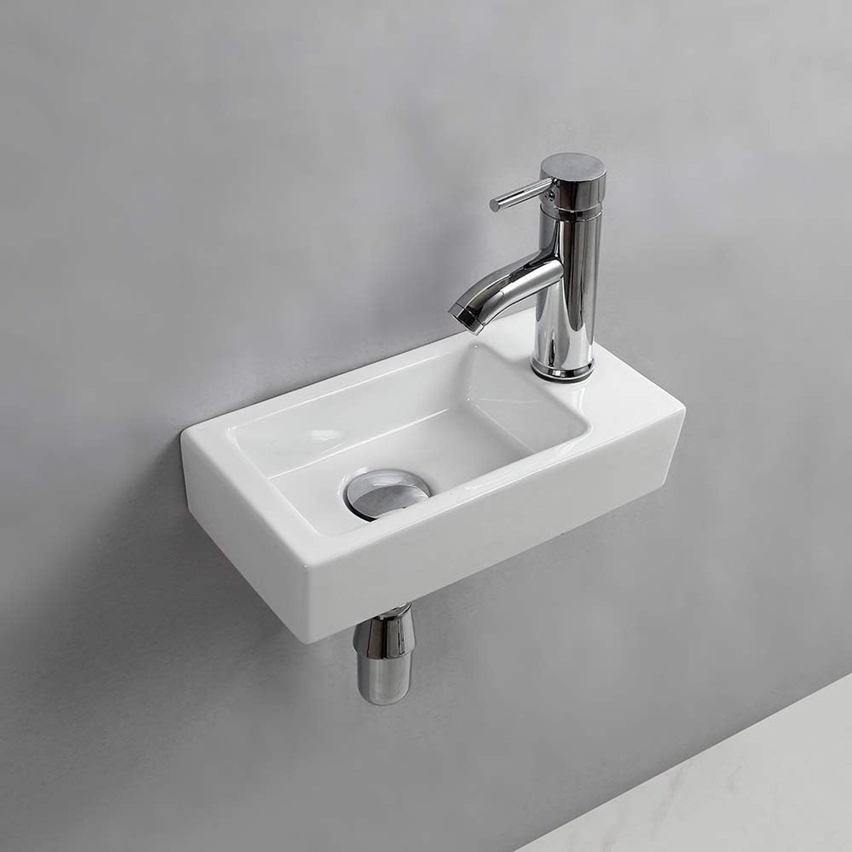 wandgemonteerde wastafel, kleine toiletwastafel, rechthoekige keramische wastafel, rechts (Rechthoekige wastafelset (met kraan en afvoer))