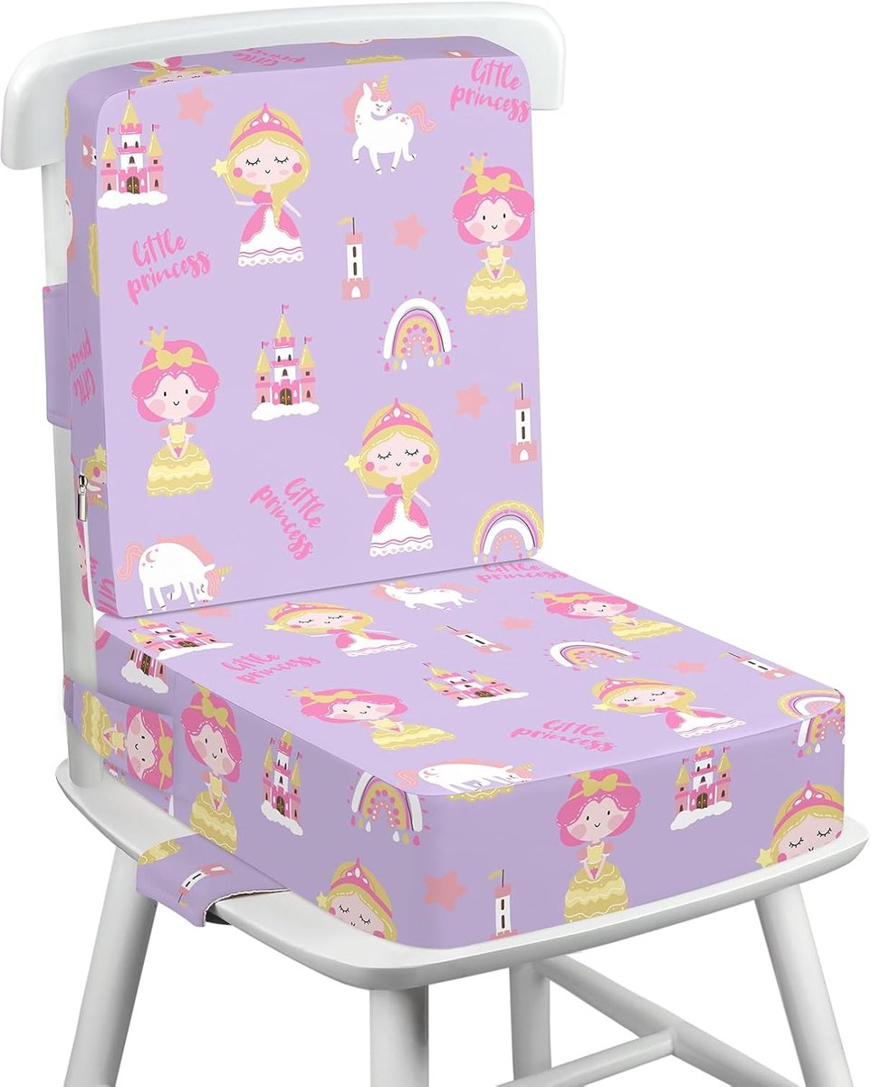 Stoelverhoging voor kinderen, antislip zitkussen, kinderzitverhoging voor stoelen met 4 verstelbare veiligheidsgespen, wasbaar, 36 x 32 x 10 cm - prinsessenkasteel
