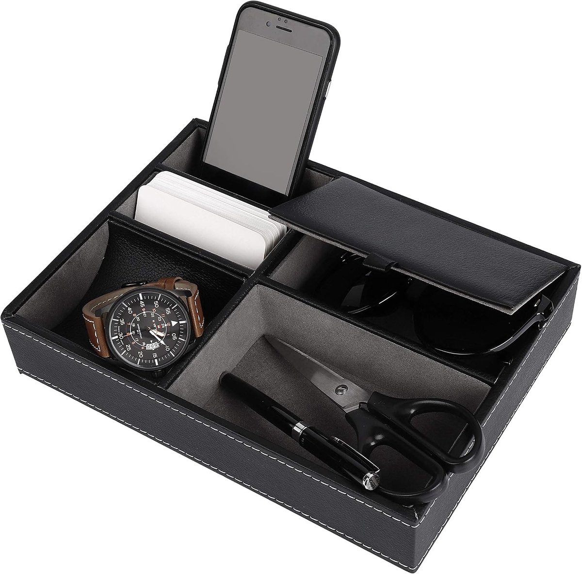Valet Leren dienblad, Nachtkastorganizer voor Heren, 25 x 19 x 5 cm, Bureau of Commode Opbergdoos Houder voor Sieraden, Sleutels, Telefoon, Portemonnee Horloge