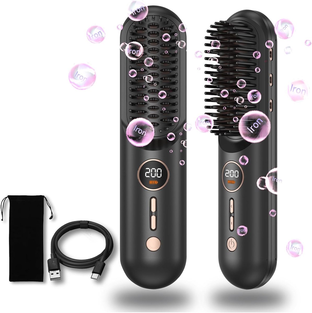 Draadloze stijltangborstel, verbeterde Pro draagbare mini-stijlborstel voor reizen, negatieve ionen hete kam draadloze stijlborstel voor vrouwen, 9000 mAh USB draadloze haarstyler