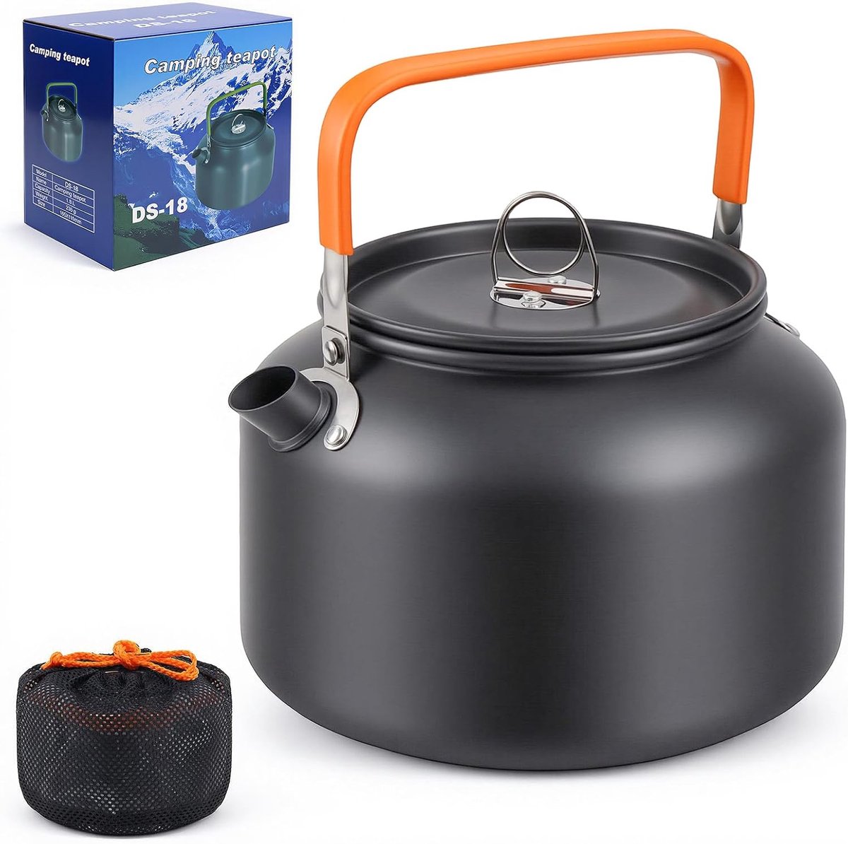 Waterketel voor camping, 1,8 l, kleine ultralichte aluminium theeketel met draagtas, anti-hete handgreep, vuur, gasfornuis voor 1-2 personen, camping, picknick, wandelen, 280 g