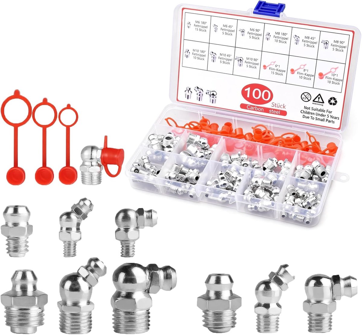 100 stuks smeernippel assortiment set, M6 M8 M10 maten, rechte en gehoekte smeernippels 45° 90° en 180°, kegelsmeernippels voor vetspuiten en hydrauliek, met beschermkappen en opbergdoos