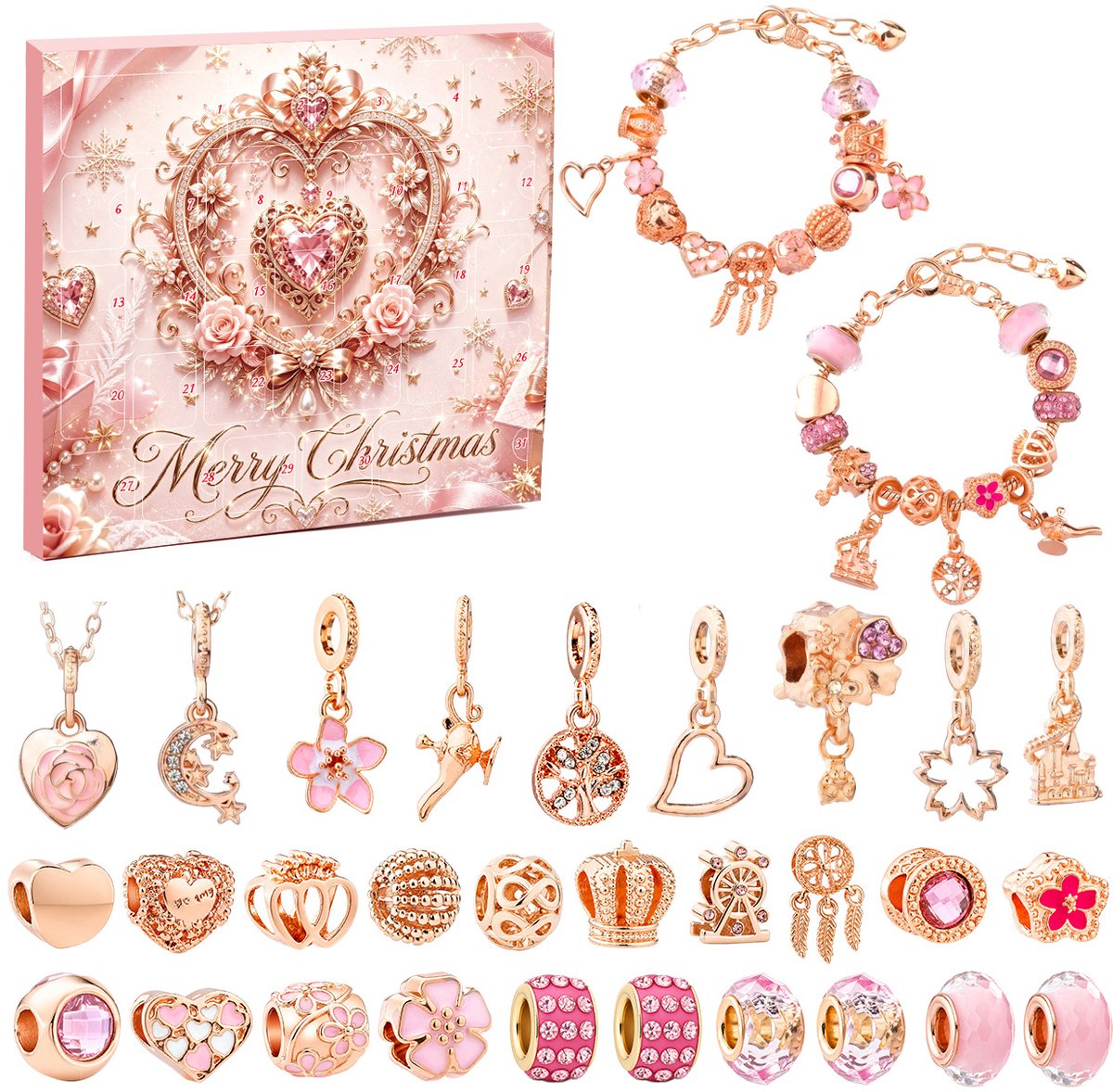 Kerstarmbandjes verrassingsdoosje - Kerstadventskalender - Zelf sieraden maken - Roségouden kralen sieraden - Adventskalender met 31 vakjes - Een kerstcadeau voor meisjes