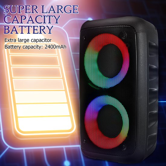 Draadloze Speaker met LED-verlichting - 2.1 Kanaals Stereo, Hoog Volume, Incl. Microfoon - Draagbaar met Handvat - Geschikt voor Buiten, Camping — afbeelding 3