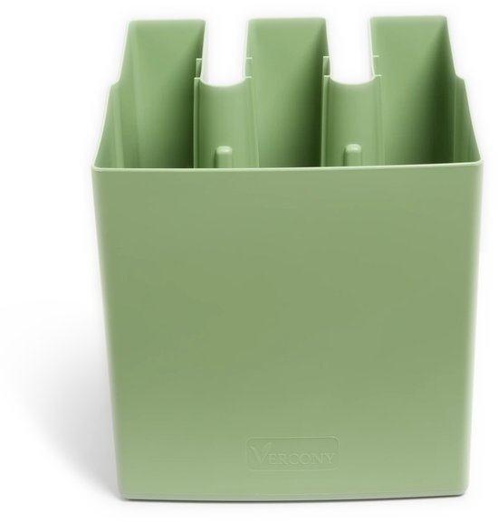 Lichtgroene plantenbak met drie vakken en het Vercony logo, getoond tegen een zwarte achtergrond.