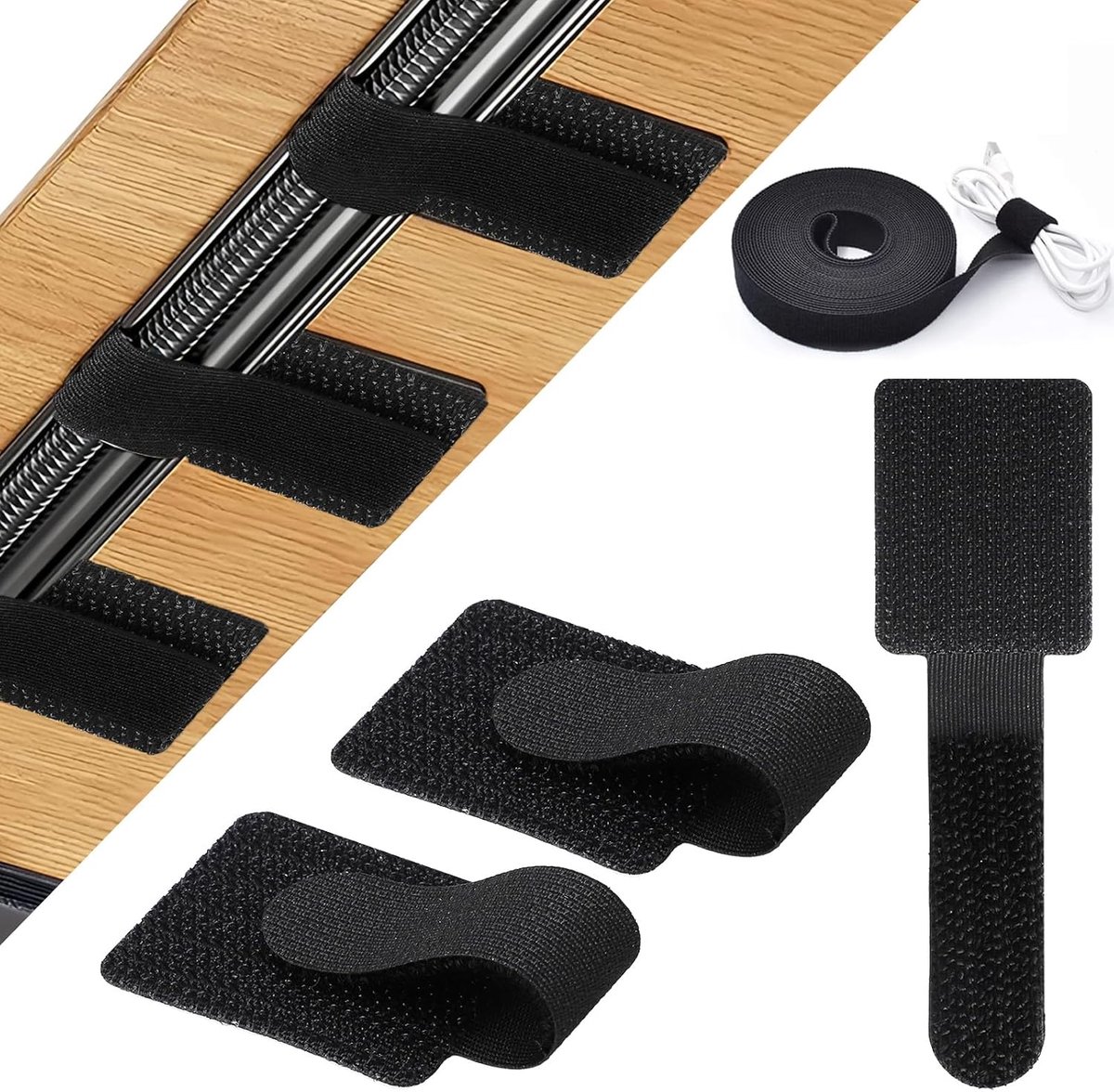 SnelShoppen - 50 Pcs Zelfklevende Kabelhouders, Kabelbeheer voor Bureau, Verstelbare Kabelorganizer met 1 x 100cm Band, Kabelclips voor Kantoor, Bedsi