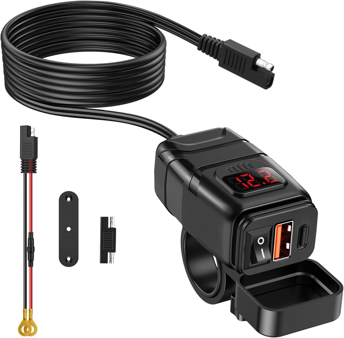 SnelShoppen - Motorfiets Autolader met USB en Type-C Poort - Flexibele Installatie - Geschikt voor Stuur en Schroef - Ideaal voor Motorrijden en Reize