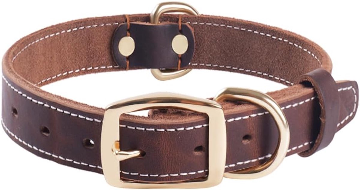 SnelShoppen - Heavy Duty Hondenhalsband van Echt Leer - Verstelbare Bruine Design, Zacht en Sterk met Metalen Gesp en D-Ring voor Kleine, Middelgrote