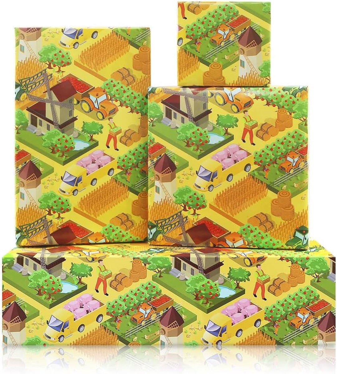 SnelShoppen - 4 Vellen Schattig Boerderij Cadeaupapier voor Kinderen en Volwassenen, Grappige Boerderijdieren en Tractoren, 50x70 cm, Ideaal voor Baby