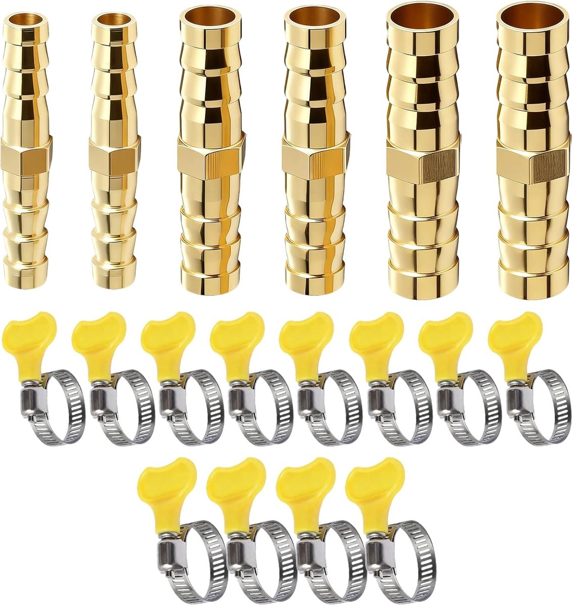SnelShoppen - 18-delige Messing Slangverbinding Set met RVS Klemmen - Tuin, Sanitair, en Benzine Aansluitingen - 6mm, 8mm, 10mm