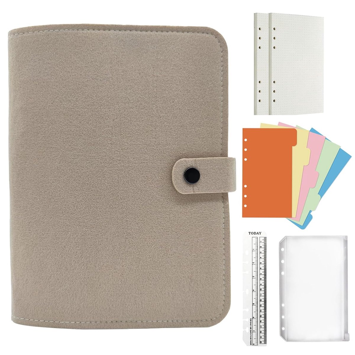 SnelShoppen - Notebook A5/A6 Herbruikbare Ringbinder met Viltomslag, 90 Vellen Dotted Papier, Ideaal voor Reizen, Kantoor, Universiteit, Beige