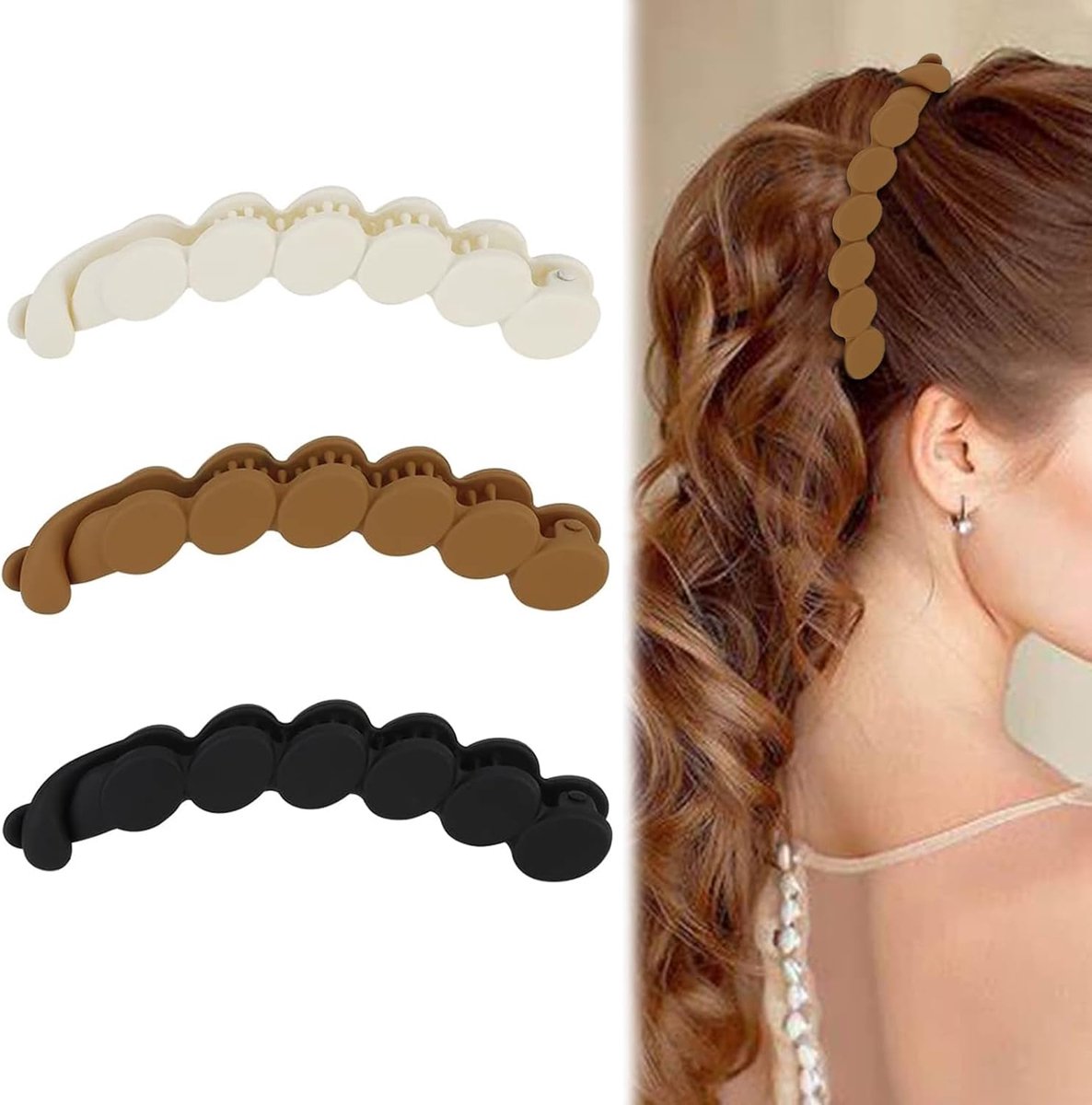 SnelShoppen - 3 Pcs Oval Matted Banana Clips voor Medium Haar - Ponytail Bun Holder - Sterke Grip - Kleur: Wit, Bruin, Zwart - Retro Haaraccessoire vo