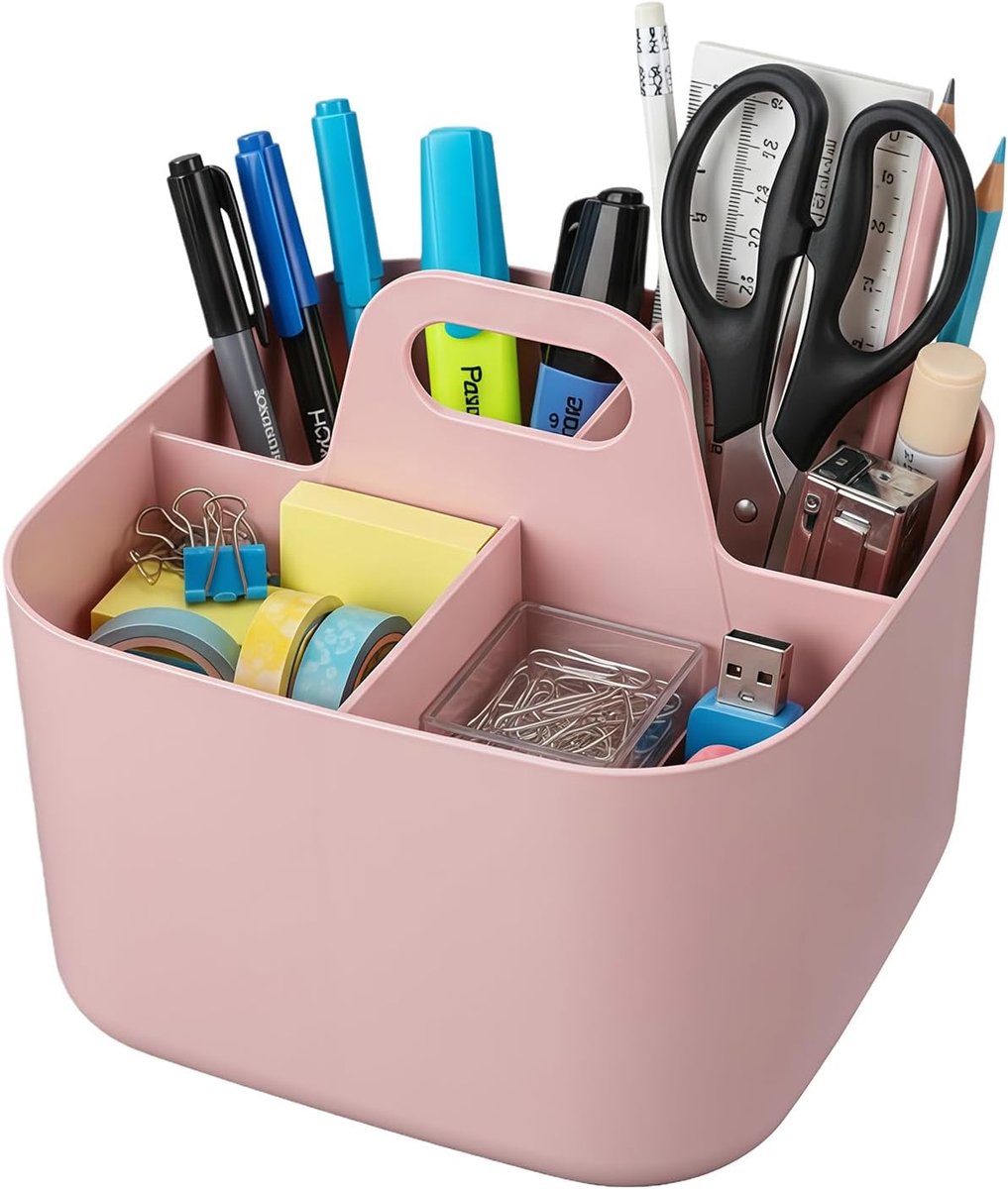 SnelShoppen - Stapelbare Opbergmand met Handvat, 4-Vaks Organizer voor Keuken, Badkamer, Bureau, Makeup en Creatieve Accessoires - Roze, 16.5 cm