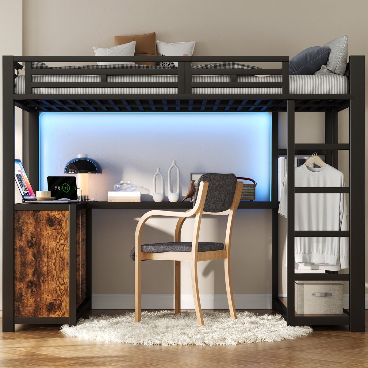Hoogslaper 140 x 200 cm - met ingebouwde werkplek - LED-verlichting - USB-poort en opbergruimte - zwart - zonder matras