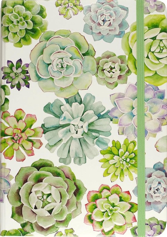 Notitieboek met aquarelprint van groene en paarse succulente planten, met groene elastieksluiting.