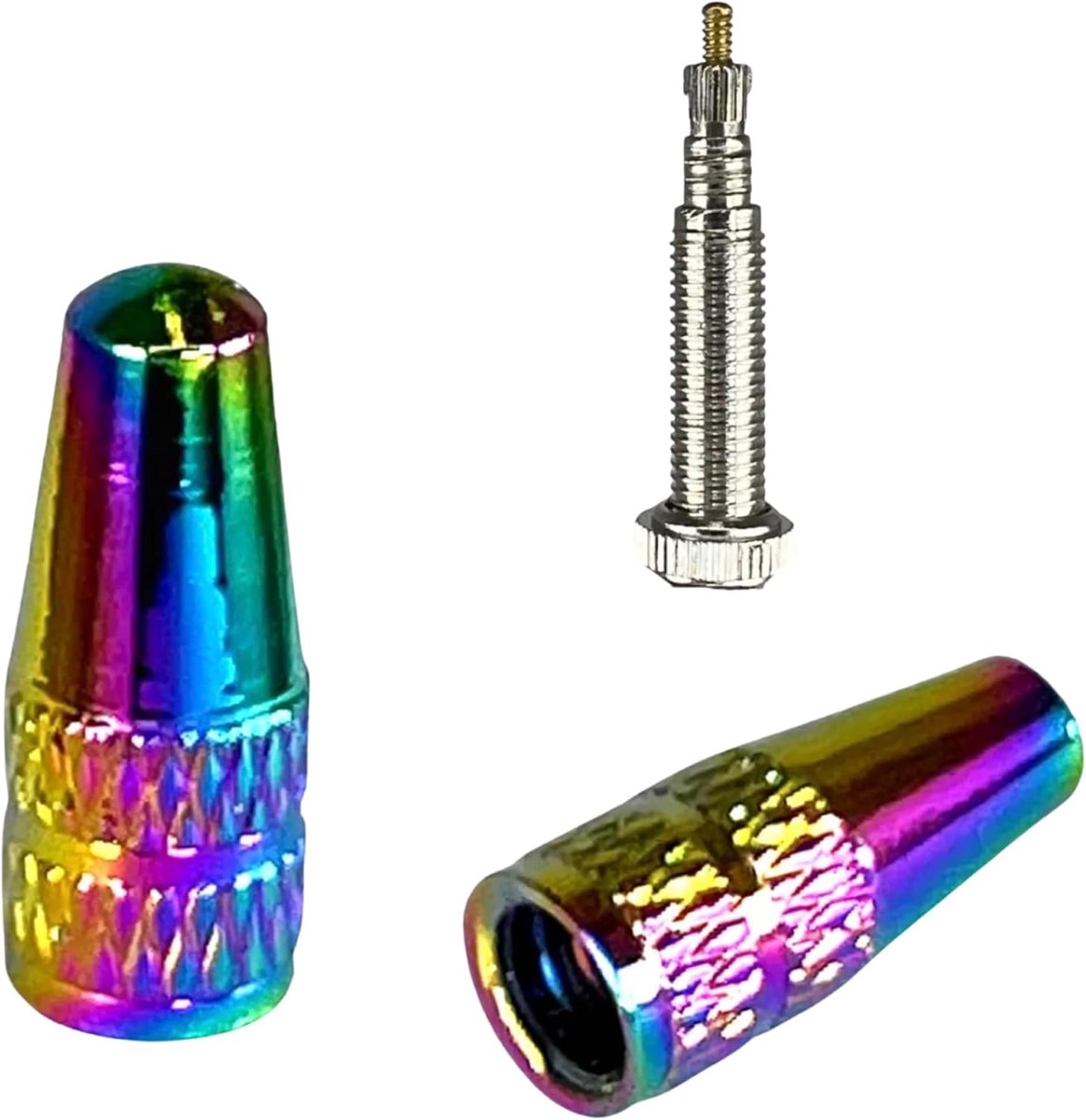 SnelShoppen - Aluminium Ventieldopjes SV Presta/French Valve - Lichtgewicht - 2 Stuks - Rainbow Neochrome - Fietsaccessoires voor MTB, E-Bike, Racefie