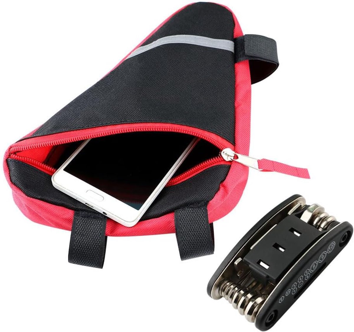 SnelShoppen - 2Pcs Fiets Triangle Bag - Waterproof Nylon Fiets Frame Bag met Reflecterende Strips - Geschikt voor MTB en Racefiets - Rood + Zwart