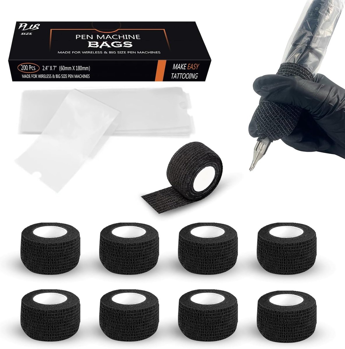 SnelShoppen - Tattoo Machine Covers en Grip Wrap - 200 Stuks Wegwerp Tattoo Pen Covers + 9 Stuks Grip Tape - Professionele Tattoo Benodigdheden - 2.5c