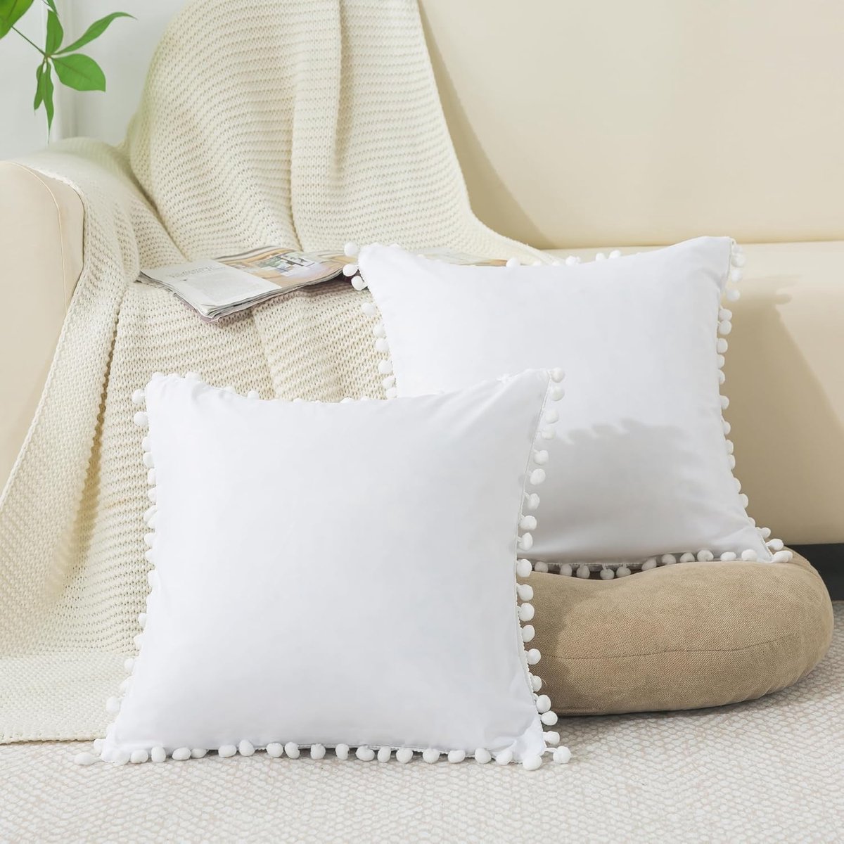 SnelShoppen - Set van 2 Decoratieve Kussenhoezen 80 x 80 cm met Rits, Zachte Microvezel Kussenhoezen met Franje en Pompons voor Sofa en Slaapkamer