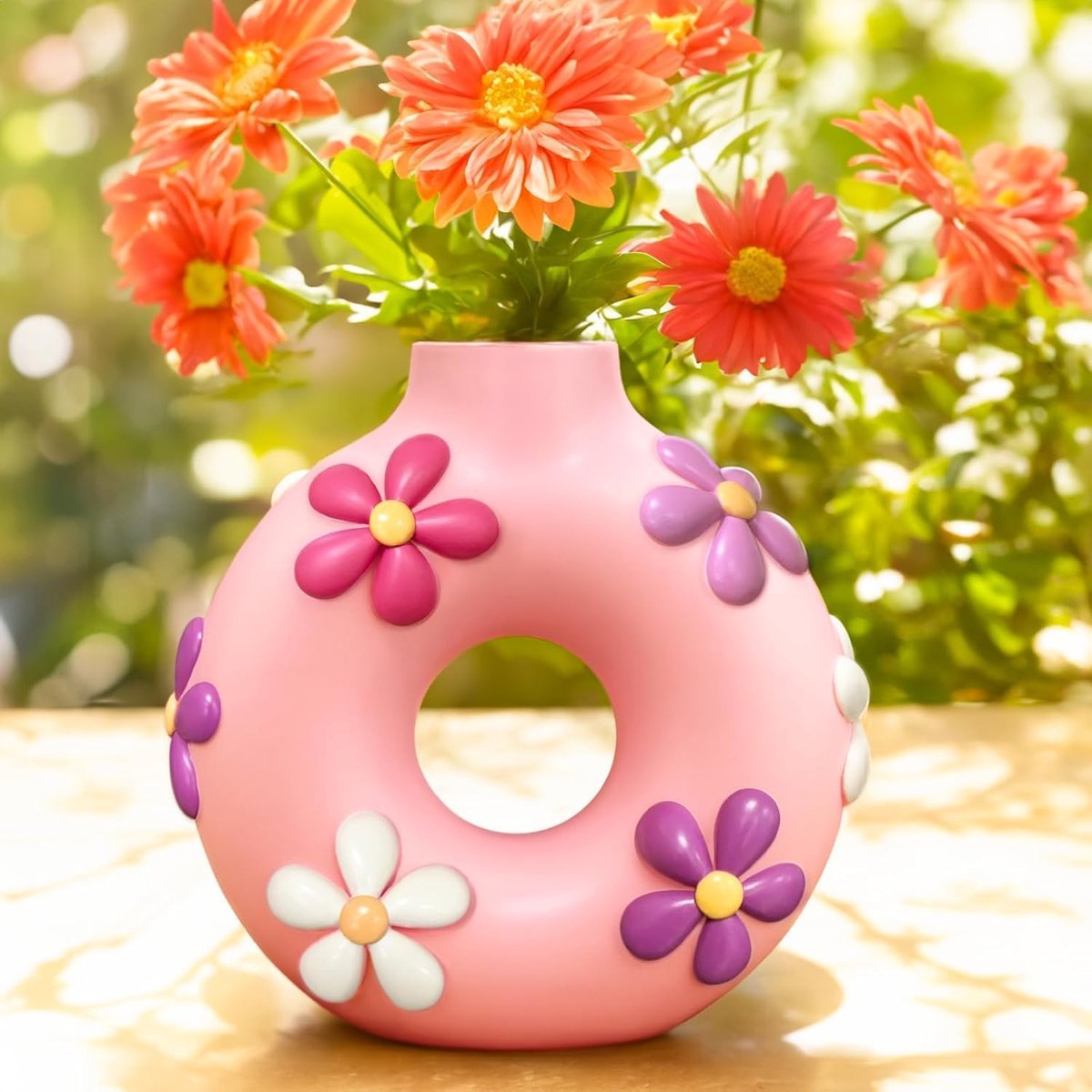 SnelShoppen - Colorful Doughnut Vase voor Bloemen, Moderne Boho Circulaire Bloemenvase, Unieke Decoratieve Holle Ronde Vaasje, Eclectische Aesthetic T