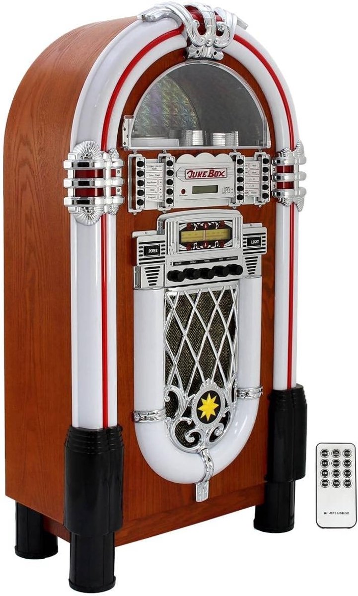 SnelShoppen - Vintage Stereo Jukebox met 40W, Multi-Color LED Lichten, FM Radio, Bluetooth, USB, CD, AUX, MP3 en 2 Speakers voor Feest en Thuisgebruik