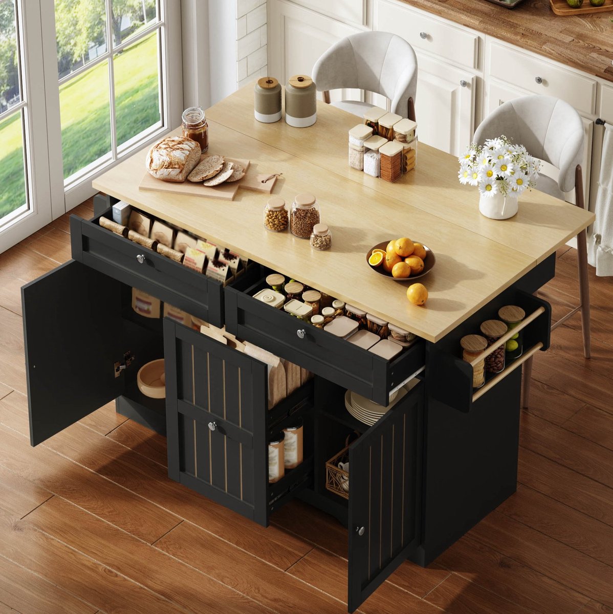 COVREO Keukenkast 120x45x92 cm – zwart MDF, klapbaar werkblad, opbergkast met wielen
