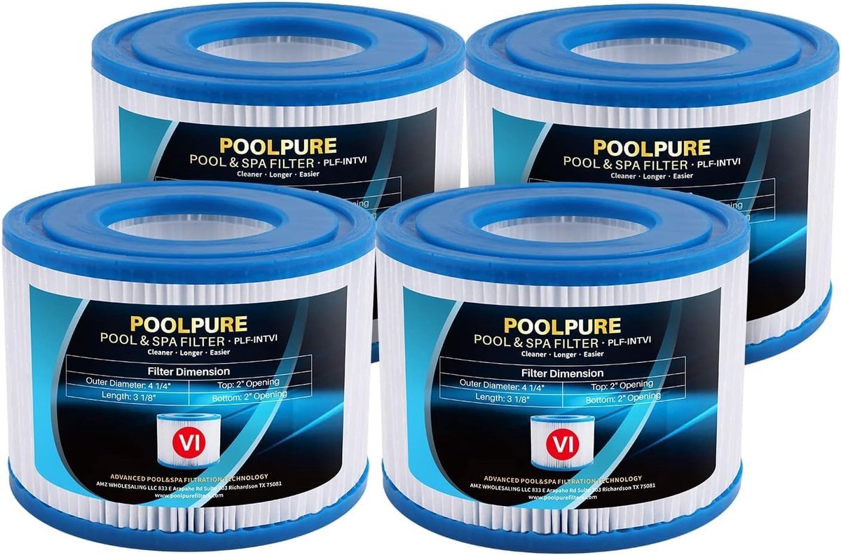 SnelShoppen - POOLPURE Vervangende Spa Filter Type VI voor Intex, Hot Tub Filter 90352E, Set van 4, 3 1/8 inch, 2" Openingen