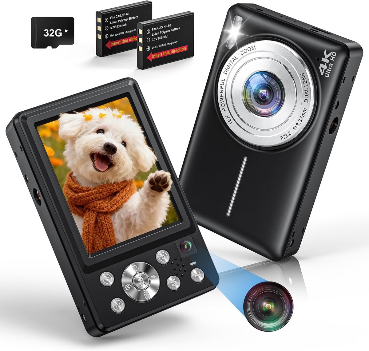 SnelShoppen - 4K Digitale Camera 64 MP met Autofocus, Dubbele Camera, 32 GB Kaart, 16x Digitale Zoom, Compact voor Tieners en Beginners met 2 Accu's