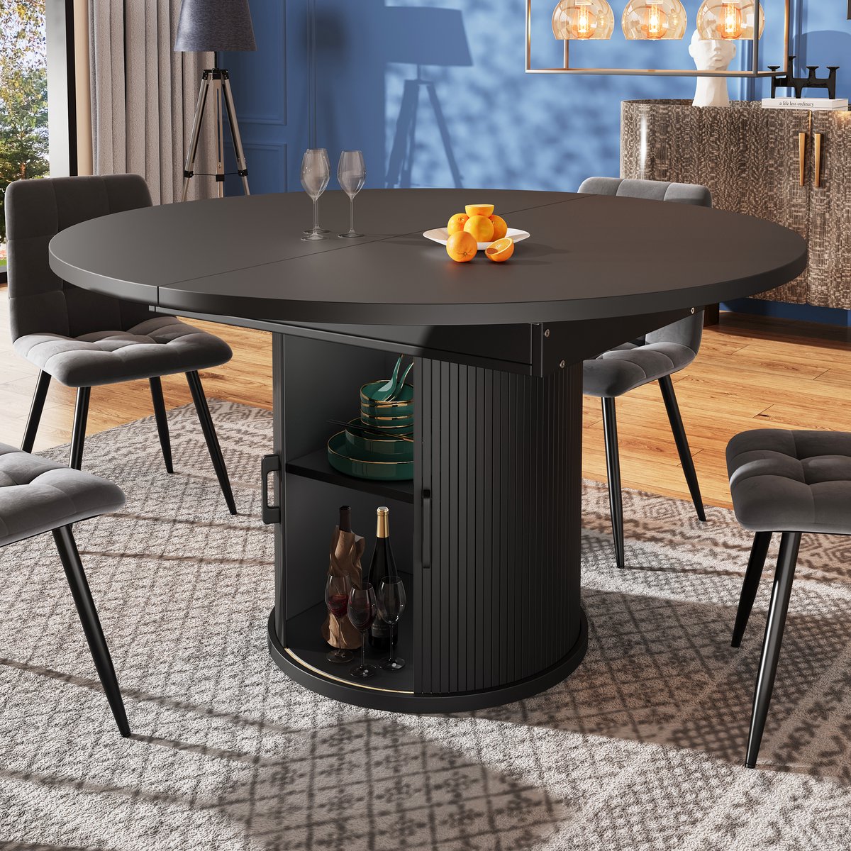 COVREO Eettafel 118-158 cm rond ovaal zwart MDF met opbergruimte voor 6 personen