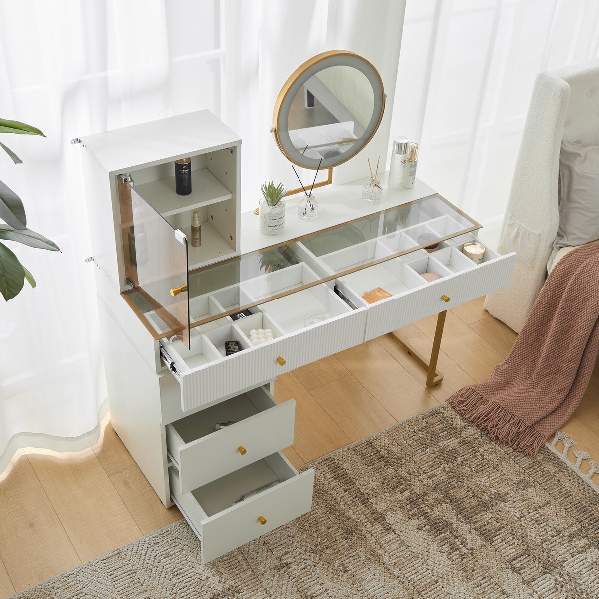 COVREO Kaptafel 120 x 45 x 115 cm - wit en goud, met LED-spiegel en opbergruimte