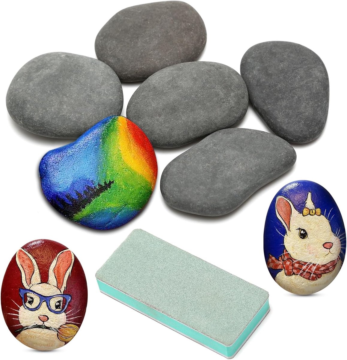 SnelShoppen - 6 Stuks Natuurlijke Geverfde Steen Kiezels 5-8cm Zwarte Kiezels Voor DIY Schilderen, Plat Met Polijstplaat Voor Kinderen, Creatieve Knut